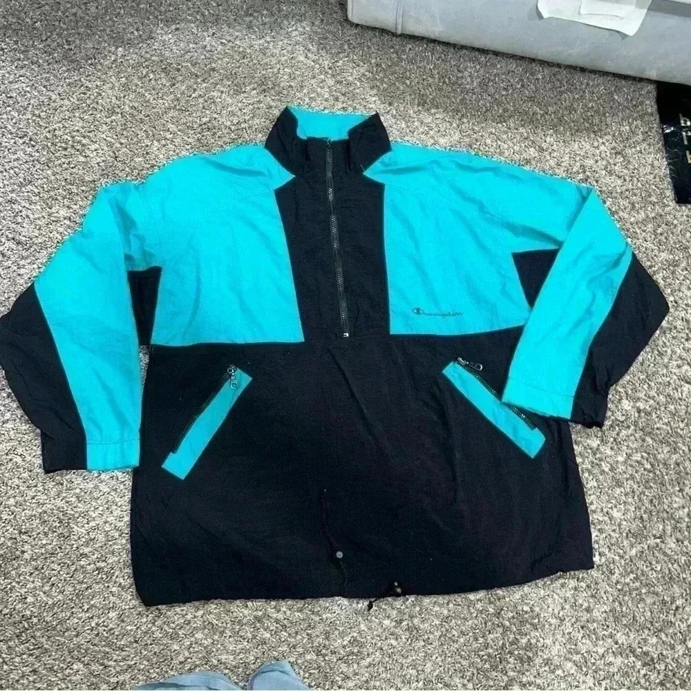 VINTAGE 90s Champion Colorblock Quarter-Zip Windbreaker Pullover - Size Large